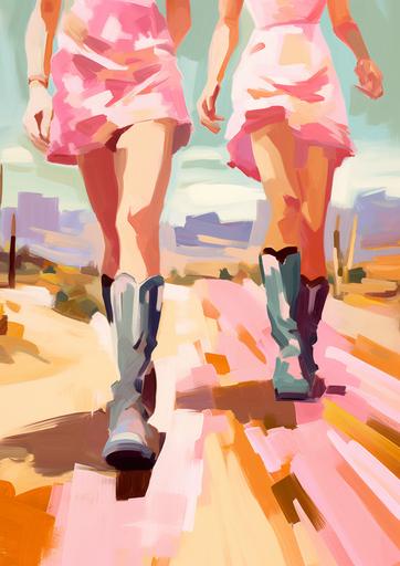 front view of two pink cowgirl boots worn by two girls, girls are wearing mini puffy country style white dresses and they are walking, pastoral background, flat illustration, smooth oil painting, 1960s palm springs, Sunny, summery day, vacation vibe, extream close up on the brush strokes --ar 5:7 --v 5.1