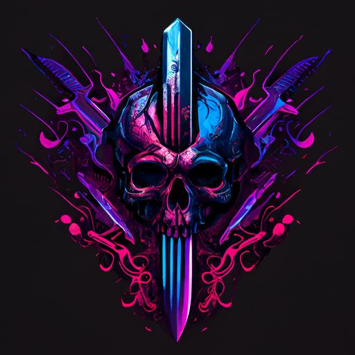 front view spotlighted Crest/Emblem' logo mark with a centered cybernetic AI skull bitting a knife, warzone game elements, Dark blue, purple and neon pink, with a modern touch.