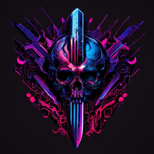 front view spotlighted Crest/Emblem' logo mark with a centered cybernetic AI skull bitting a knife, warzone game elements, Dark blue, purple and neon pink, with a modern touch.