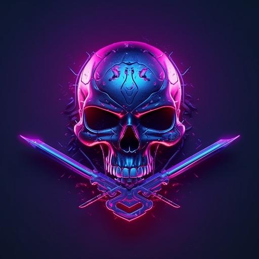 front view spotlighted Crest/Emblem' logo mark with a centered cybernetic AI skull bitting a knife, warzone game elements, Dark blue, purple and neon pink, ultra realistic touch --q 2 --v 5 --s 750