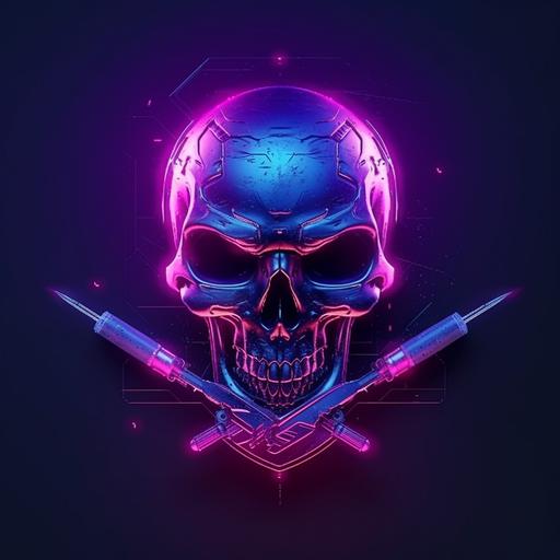 front view spotlighted Crest/Emblem' logo mark with a centered cybernetic AI skull bitting a knife, warzone game elements, Dark blue, purple and neon pink, ultra realistic touch --q 2 --v 5 --s 750