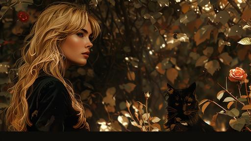 front view, woman, profile, black jacket and trousers, black shoes, long blond hair, assorted expression, look to the side, walk through the trees of a garden , rich in trees flowers birds, trees everywhere, humidity, little light between the leaves, cat vampire puppy behind a rose, --ar 16:9 --s 750