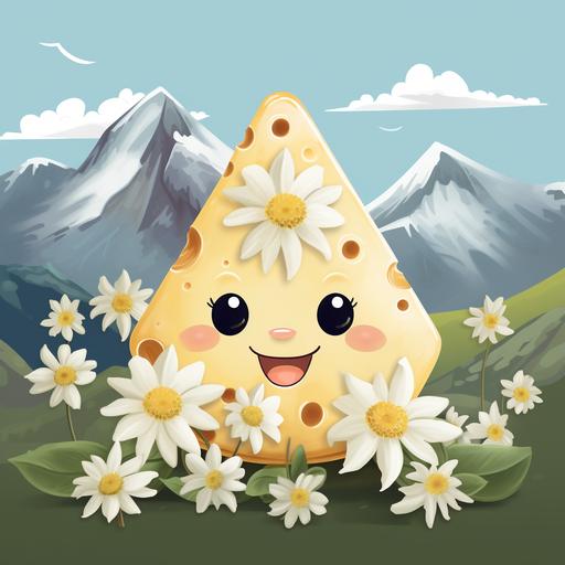 front: white and yellow edelweiss flower with a cute face, background: matterhorn mountain of cheese, vintage children book style