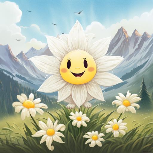 front: white and yellow edelweiss flower with a cute face, background: matterhorn mountain of cheese, vintage children book style