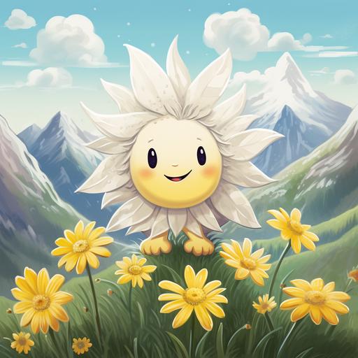 front: white and yellow edelweiss flower with a cute face, background: matterhorn mountain of cheese, vintage children book style