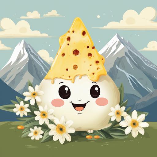 front: white and yellow edelweiss flower with a cute face, background: matterhorn mountain of cheese, vintage children book style