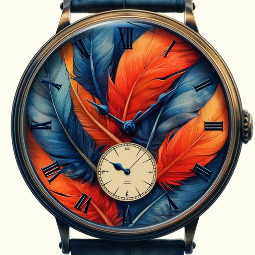 frontal watch with feathers, illustration, image design, cool stylish, pomace, bauhaus style --stylize 750 --v 6.0
