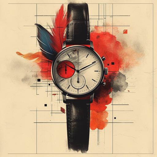 frontal watch with feathers, illustration, image design, cool stylish, pomace, bauhaus style --stylize 750 --v 6.0
