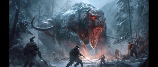 frostpunk hunters fighting a dangerous cryptid beast in a forest --ar 21:9 --s 750 --c 50