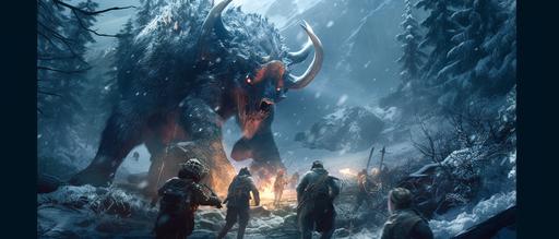frostpunk hunters fighting a dangerous cryptid beast in a forest --ar 21:9 --s 750 --c 50 --q 2