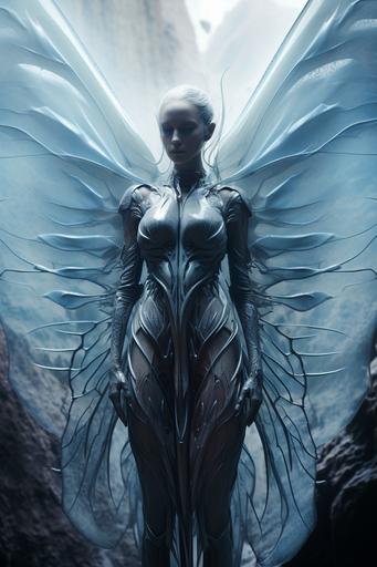 frozen socotra ice goddess, insect wing texture, futuristic sleek concept --ar 2:3