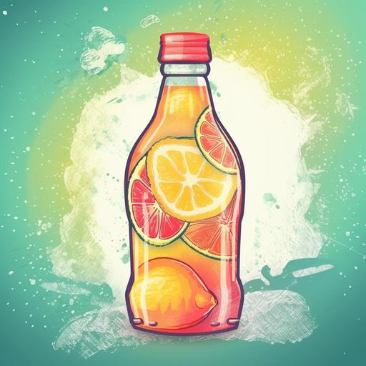 frucade drink glass bottle with lemonade symbol on it, cold, bright, daylight, bright background, abstract --q 2 --s 750 --v 5
