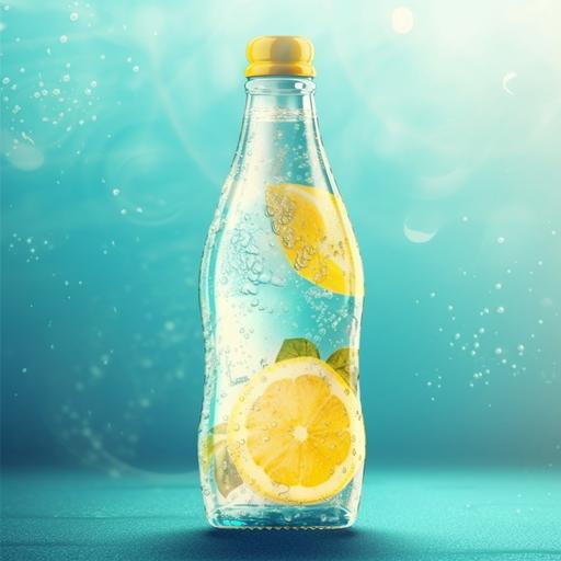 frucade drink glass bottle with lemonade symbol on it, cold, bright, daylight, bright background, abstract --q 2 --s 750 --v 5