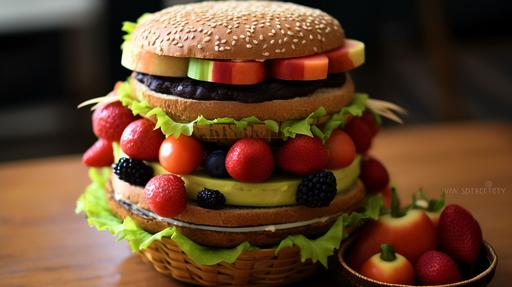 fruit basket burger --ar 16:9 --seed 6500 --s 750 --q 2 --v 5.1