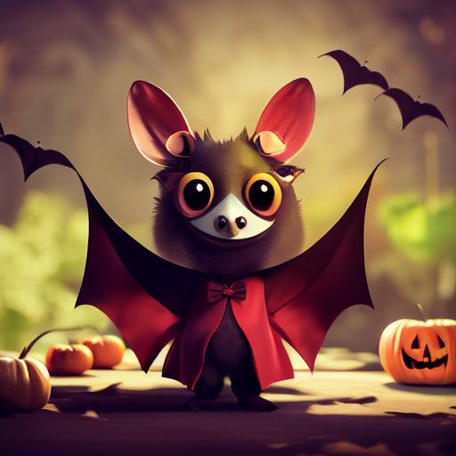 fruit bat wearing a dracula costume red tuxedo, trick or treating on halloween night realistic cute pixar style character render of a critter vampire bat lich with opal eyes with a bag full of fruits, adorable fluffy fuzzy gremlin with fruit bat features and wings, 4k 8k hdr octane render blender maya c4d --testp --creative
