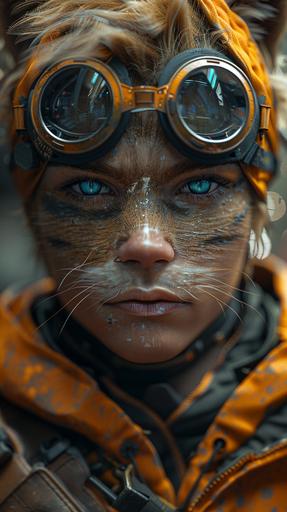 full body, A modern ninja with golden hair and blue eyes, sporting cat-whisker-like face paint, wearing goggles, and dressed in an orange and black ninja outfit, cinematic lighting, ultra detail, ultra high sensitive action camera, 8k resolution, cinematic photography, symbol, realistic lighting, cinematic lighting, redshift c4d octane render, symbol --style raw --stylize 750 --v 6.0 --ar 9:16