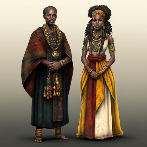 full body Male and Female Ethiopian wearing fantasy traditional ancient Ethiopian clothing, Ethiopian inspired, ebony skinned, black coloured hair Ethiopian hairstyle, concept art, forgotten realms inspired, detailed