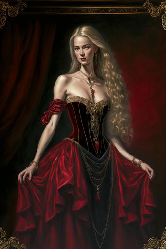 full body Portrait of a beautiful young blonde smiling woman seen from head to toes. beautiful attractive face. She is wearing a red tight corsage dress in renaissance style made of silk with black lace and gold chains, a floor-length, slit skirt made of red silk --ar 2:3