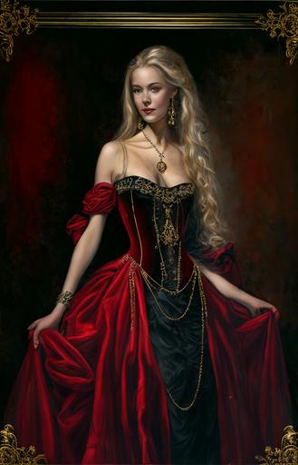 full body Portrait of a beautiful young blonde smiling woman seen from head to toes. beautiful attractive face. She is wearing a red tight corsage dress in renaissance style made of silk with black lace and gold chains, a floor-length, slit skirt made of red silk --ar 2:3