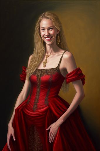 full body Portrait of a beautiful young blonde smiling woman seen from head to toes. 19 years old, beautiful attractive face. She is wearing a red tight corsage dress in renaissance style made of silk with black lace and gold chains, a floor-length, slit skirt made of red silk --ar 2:3