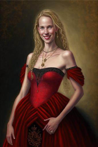 full body Portrait of a beautiful young blonde smiling woman seen from head to toes. 19 years old, beautiful attractive face. She is wearing a red tight corsage dress in renaissance style made of silk with black lace and gold chains, a floor-length, slit skirt made of red silk --ar 2:3