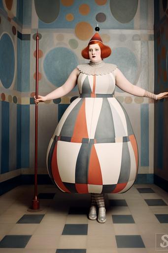 full body Vogue fashion photography of chubby redhead female model wearing a couture, futuristic, outfit from the The Triadic Ballet, 1926, Weimar Republic, created by Oskar Schlemmer, a painter, sculptor, designer, and choreographer who taught at the Bauhaus art school, tonal background, exquisite facial detail, 30-megapixel, 8k, 85-mm-lens, sharp-focus, intricately-detailed, long exposure time, f/8, ISO 100, shutter-speed 1/125, diffuse-back-lighting, award-winning photograph, facing-camera, looking-into-camera, monovisions, elle, small-catchlight, low-contrast, High-sharpness, facial-symmetry, depth-of-field, ultra-detailed photography, --ar 2:3