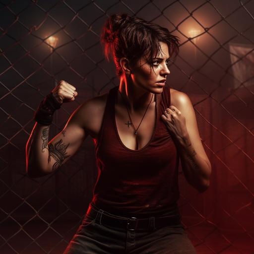 full body, Woman in sports vest, ((hair tied)), ((scars on her face, arms and chest)), doing boxing moves, in front of a barbed wire fence, dark red lighting background, renaissance style, 4k, didicated details, detailed face, high resolution