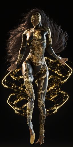 full body action shot cyborg super-model wearing skin-tight kintsugi bodysuit, wearing wedge-heel boots, kintsugi flowing hair, glowing eyes, action pose, leaping into action, martial arts --ar 1:2 --q 2 --v 4