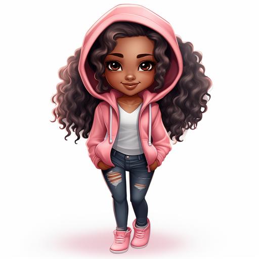 full body african american girl illustration, chibi drawing, jeans, wearing pink hoodie, chibi clipart, white background