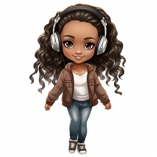 full body african american girl illustration, chibi drawing, jeans, high ponytail, wireless headphones, chibi clipart, white background