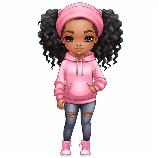 full body african american girl illustration, chibi drawing, jeans, high ponytail, wearing pink hoodie, chibi clipart, white background