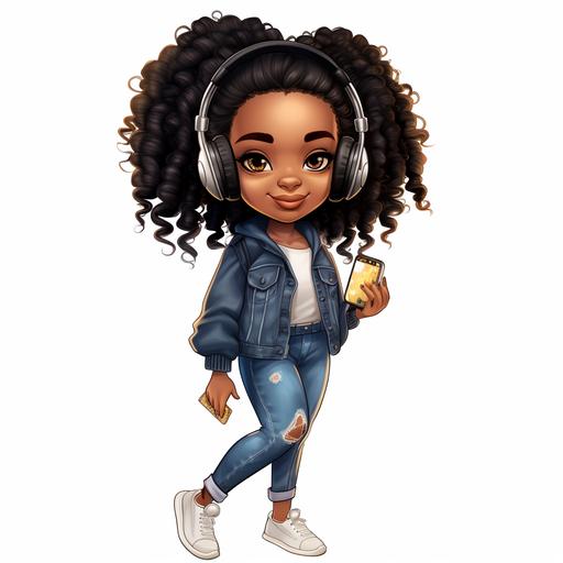 full body african american girl illustration, chibi drawing, jeans, high ponytail, wireless headphones, chibi clipart, white background