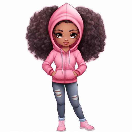 full body african american girl illustration, chibi drawing, jeans, wearing pink hoodie, chibi clipart, white background