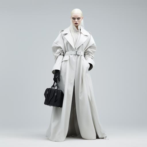 full body albino women balenciaga style model with silver chromatic trench coat wearing a black balenciaga bag. The background must be white