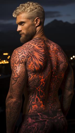 full-body and full-face greeble tattoos on 20-year-old handsome muscleman, blond, hairy chests, smiling, natural looking, photorealistic, extreme detail, night-time volcanic eruptions in the background --ar 9:16 --upbeta --s 750