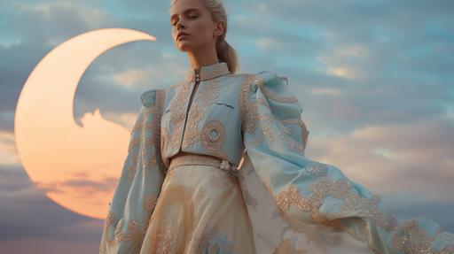 full body angle, dazed editorial style, A beautiful model (gen z, culture equality) is wearing very embroidery and hadcrafted contemporary clothes (beige and rosee colors, acquamarine) in a breathtaking moon landscape --ar 16:9