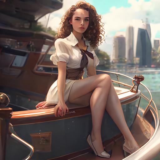 full body anime photo of a classy woman with beautiful face, curly brown hair, wearing a pencil skirt, beige platform high heels, pumps, sitting on a yacht, with islands in the background, octane, highly detailed, highly focused, depth of field, High definition, 8k, octane render, artstation