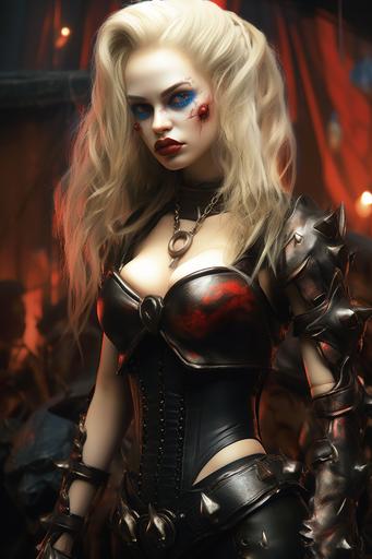 full body, armed Harley Quinn in an evil carnival by Royo and Giger --c 25 --ar 2:3 --s 250