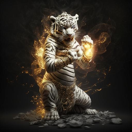 full body baby white tiger, fire in his body, kung fu pose, red eye, carved gold bracelet, carved gold angklet, gold jesus cross necklace, shiny chrome clawn, fiery body, smoke effect background, cgi, HDR, cinematic, hyper detailed, high contrast, dark background, 8k--v4-, 16:9 picture ratio