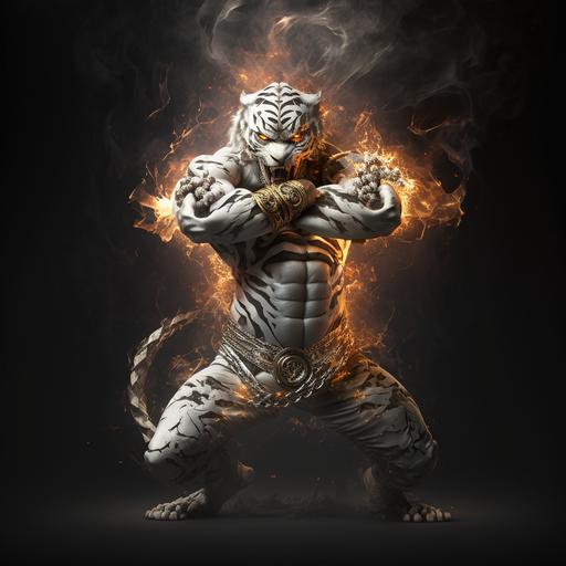 full body baby white tiger, fire in his body, kung fu pose, red eye, carved gold bracelet, carved gold angklet, gold jesus cross necklace, shiny chrome clawn, fiery body, smoke effect background, cgi, HDR, cinematic, hyper detailed, high contrast, dark background, 8k--v4-, 16:9 picture ratio
