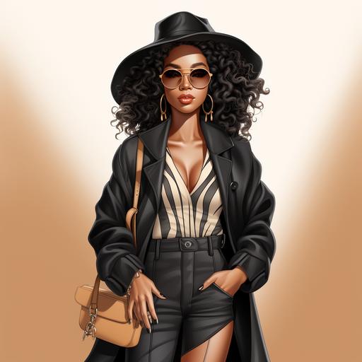 full body beautiful black fashionable woman, character in the style of clipart doll in procreate, cartoon art --s 250