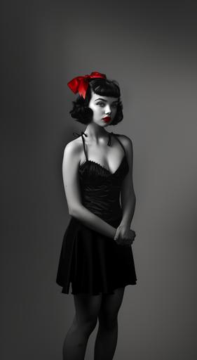 full body black and white photo of real life Betty boop with red lipstick and a red ribbon tied in a bow in her hair --ar 17:31