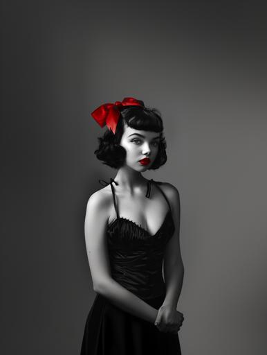 full body black and white photo of real life Betty boop with red lipstick and a red ribbon tied in a bow in her hair --ar 3:4