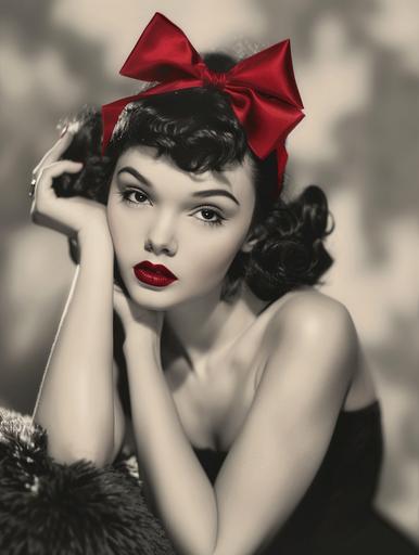 full body black and white photo of real life Betty boop with red lipstick and a red ribbon tied in a bow in her hair --ar 3:4