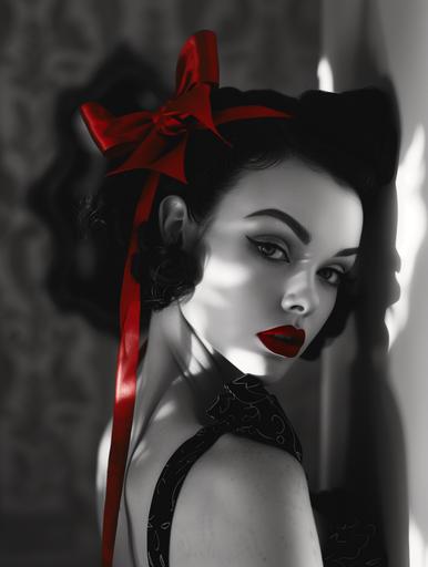 full body black and white photo of real life Betty boop with red lipstick and a red ribbon tied in a bow in her hair --ar 3:4 --v 6.0