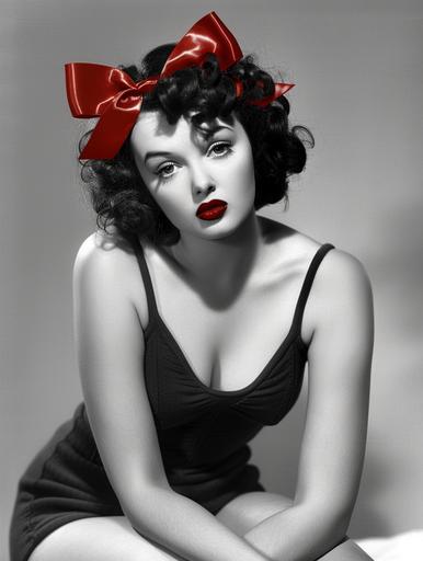 full body black and white photo of real life Betty boop with red lipstick and a red ribbon tied in a bow in her hair --ar 3:4