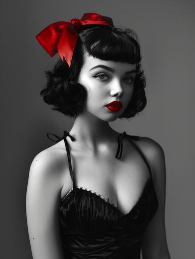 full body black and white photo of real life Betty boop with red lipstick and a red ribbon tied in a bow in her hair --ar 3:4