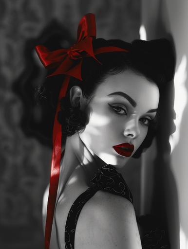 full body black and white photo of real life Betty boop with red lipstick and a red ribbon tied in a bow in her hair --ar 3:4