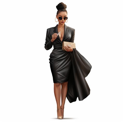 full body black girl clipart, side view, hair in a bun, holding envelope clutch purse, wearing black sun glasses, rich girl, fashionista, white background