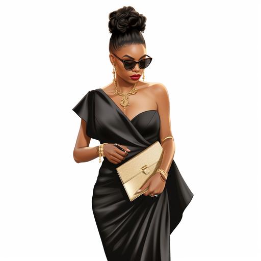 full body black girl clipart, side view, hair in a bun, holding envelope style clutch purse, wearing black sun glasses, rich girl, fashionista, white background